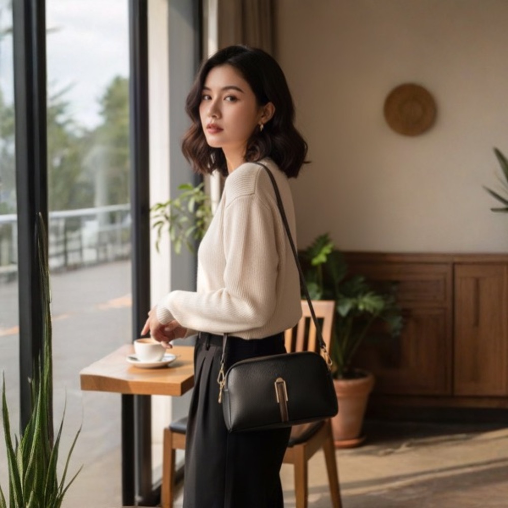 Elegant Black and Brown Leather Crossbody Bag
